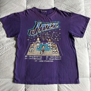 Vtg 2000s Majestic Hardwood Classics Utah Jazz 8-Bit Pixel Roster Tee M Purple